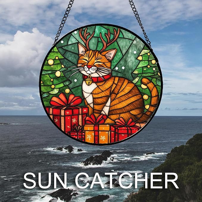 Stained Glass Window Hanging Orange Cat Elk Antler Large 15" - Suncatcher Door Garden Kitchen Sun Catcher Home Decor Birthday Gifts for Lost Pets Mom Men Woman Friend Grandma