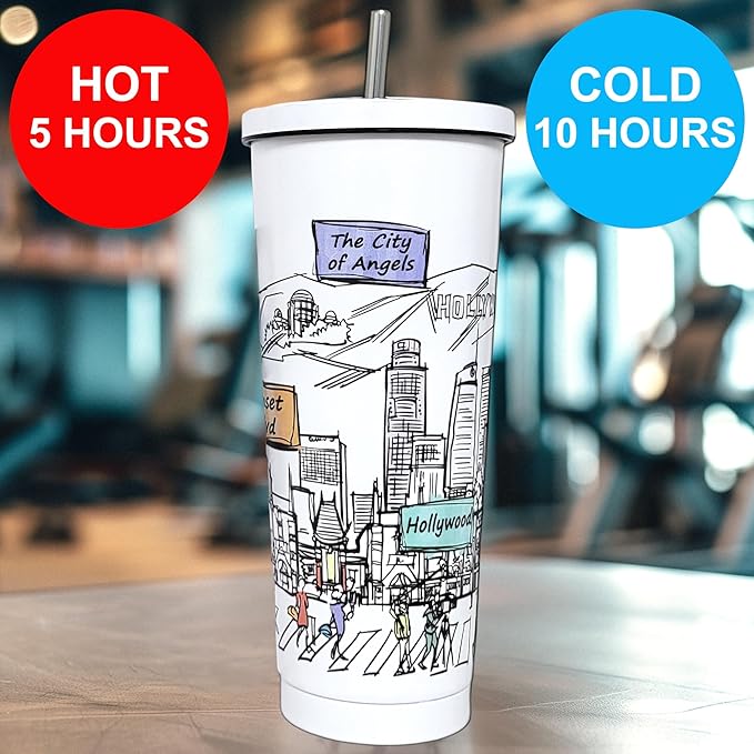 Cities Around the World 25 Oz Tumbler Series - Designed in the USA - Vacuum Insulated Tumbler with Lids & Straw - Stainless Steel Coffee Water Travel Mug, for Hot Cold Drink (Los Angeles)