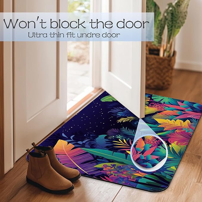 Tropical Colorful Leaves Bathroom Rug 29.5"x17", Super Absorbent Fast Drying Bath Mat with Non-Slip Rubber Backing, Thin Low-Profile Easy-Clean Bathroom Floor Mat for Shower or Tub