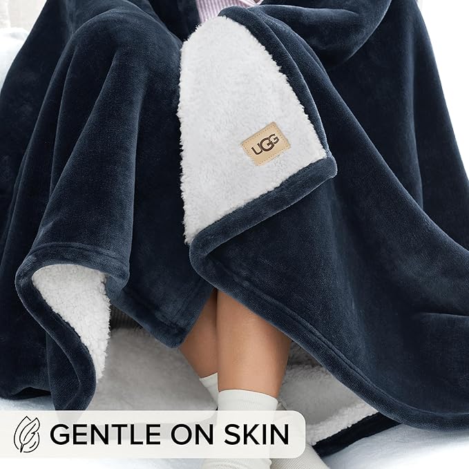 UGG Nita Full/Queen Blanket Fleece Fluffy Reversible Soft Fuzzy Bedding Cozy Plush Warm Oversized Blanket Machine Washable Bedroom Decor for Big Couch or Bed, 90-inch x 90-inch, Navy Blue