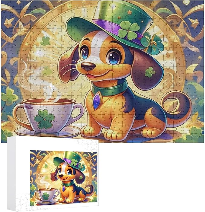 Wooden Puzzle - St. Patrick's Day Dachshund Wooden Puzzles for Adults 300 Pieces Challenge Puzzles，Educational Games，Family Puzzles，Unique Gifts for Wall Art ，Funny Puzzles