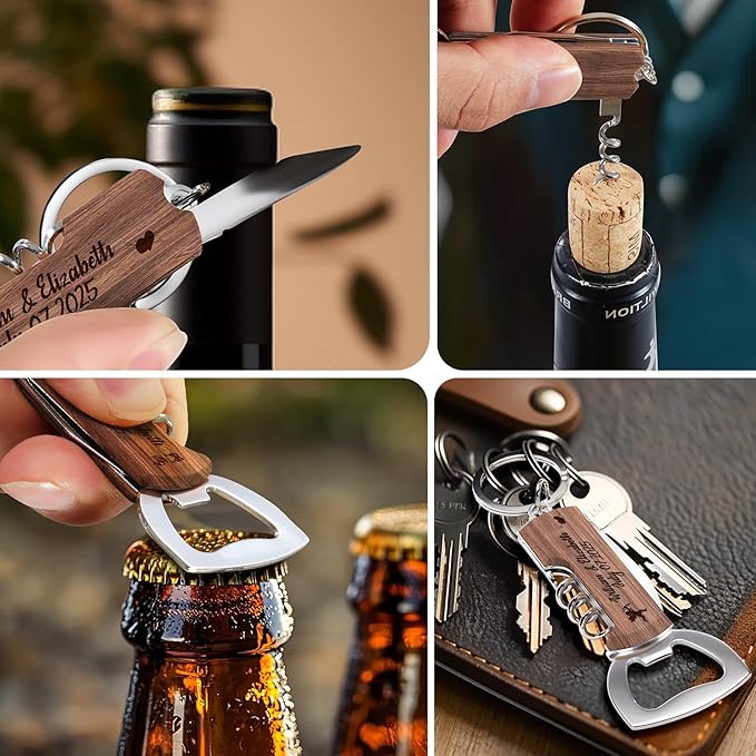 30PCS Personalized Rosewood Multifunctional Bottle Opener, Customized Favors Gifts for Wedding Birthday Party, Engraved Bottle Opener Keychains for Guest