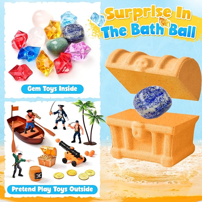 Bath Bombs for Kids with Diving Gem Toys Inside, 12 Pack Treasure Chest Bath Bombs with Surprise Pirate Accessories Pretend Playset, Handmade Bubble Bath Fizzies Birthday Christmas Gift Set