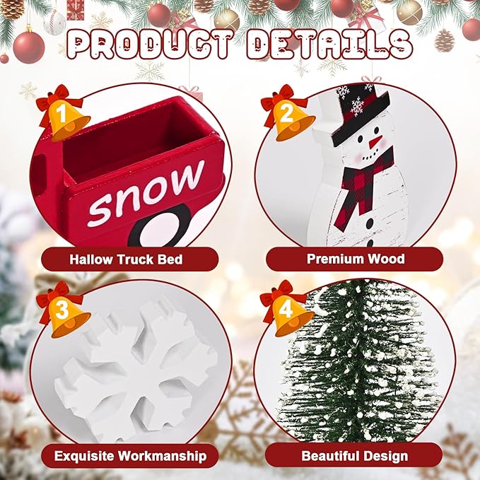 Yinhua Christmas Decorations Indoor, Christmas Table Decor, Red Truck Snowman Decorations with Xmas Tree & Snowflakes, Farmhouse Wooden Block Sign, Xmas Mantel Decor for Tiered Tray, Desk, Bookshelf