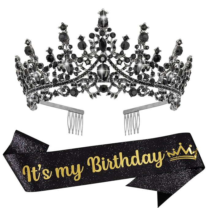 VELSCRUN Black Crystal Birthday Tiara Crowns for Women Girls It's My Birthday Sash Queen Girls Princess Crown with Combs Happy Birth Party Decorations Mom Sisters Birth Gift Hair Accessories