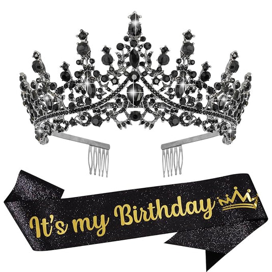 VELSCRUN Black Crystal Birthday Tiara Crowns for Women Girls It's My Birthday Sash Queen Girls Princess Crown with Combs Happy Birth Party Decorations Mom Sisters Birth Gift Hair Accessories