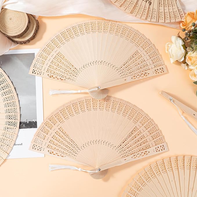 50 Pcs Wedding Fans Engraved Wooden Folding Hand Fans with Organza Bags, Wedding Party Favors for Guests, Bridal Shower & Summer Outdoor Ceremony (Style1,50)