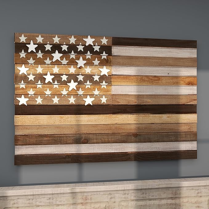 Deco 79 Wood American Flag Handmade Home Wall Decor Washed Wall Sculpture with Slatted Panels and Cream Stars, Wall Art 44" x 2" x 30", Brown
