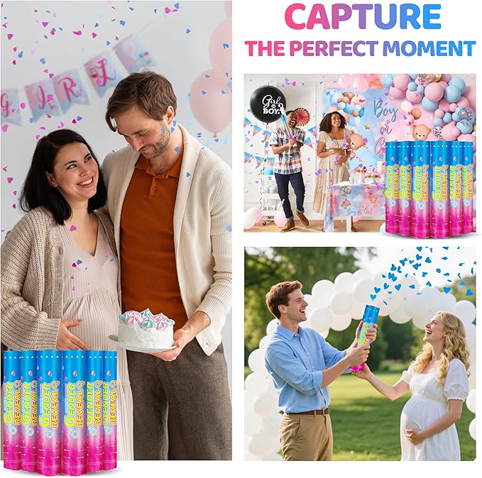 Gender Reveal Confetti Cannons – 6 Pack (3 Blue & 3 Pink) – Baby Gender Reveal Cannon Kit with Heart-Shaped Confetti – Easy Twist Party Poppers for Boy or Girl Baby Reveal Decorations