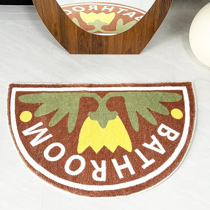 Washable Cute Bath Mat for Bathroom,31x20 Half Circle Non-Slip Small Bath Rugs,Absorbent Quick Dry Bath Mats, Plush Carpet for Bathtub, Boho Farmhouse Decor (Yellow Tulip)
