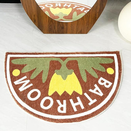 Washable Cute Bath Mat for Bathroom,31x20 Half Circle Non-Slip Small Bath Rugs,Absorbent Quick Dry Bath Mats, Plush Carpet for Bathtub, Boho Farmhouse Decor (Yellow Tulip)