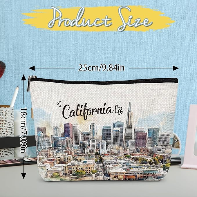 California Travel Gift Souvenirs - California Travel Essentials Makeup Bag, California City Travel Watercolor Cosmetic Bags, California Theme Gifts for California Lovers Women Girls