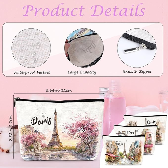 Paris Gifts Travel Essentials - 4Pcs Paris City Travel Makeup Bag, France Eiffel Tower Watercolor Cosmetic Bags with Zipper, Vacation Trip Pouch Souvenirs Gifts for Travellers Women Girls
