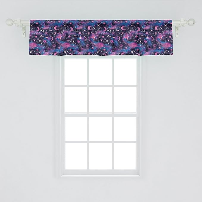 Ambesonne Celestial Window Valance Pack of 2, Fantasy Dream Oriental Astronomy Art Crescent and Starry Atmosphere, Rod Pocket Curtain Valances for Kitchen Bedroom, 54" X 12", Dark Night Blue Fuchsia
