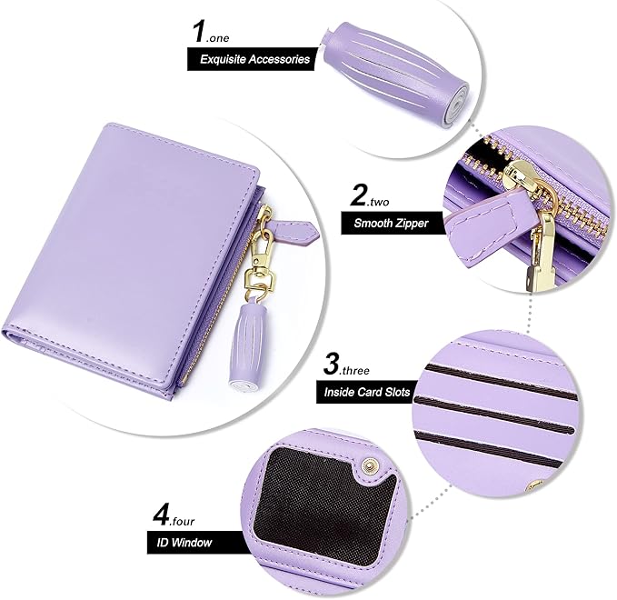 GEEAD Small Wallets for Women Bifold Slim Coin Purse Zipper ID Card Holder PU Leather Purple