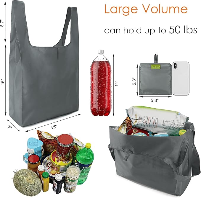 BeeGreen Grey Reusable Grocery Bags Wholesale Gray Reusable Kitchen Bags Bulk Foldable-Machine Washable with Zipper Storage Pouch 50 Packs