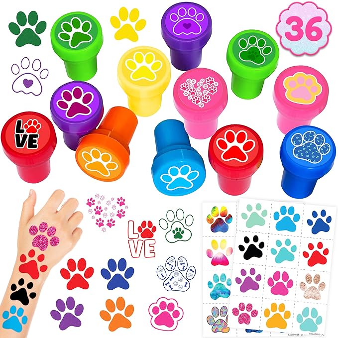 36PCS Paw Print Party Favors - 24PCS Temporary Tattoos & 12PCS Stamps - Ideal Dog Cat Pet Themed Birthday Card Decorations Supplies Goodie Bag Cute Rewards for Boys Girls Classroom Gifts Baby Shower