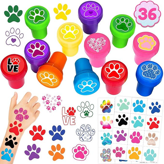 36PCS Paw Print Party Favors - 24PCS Temporary Tattoos & 12PCS Stamps - Ideal Dog Cat Pet Themed Birthday Card Decorations Supplies Goodie Bag Cute Rewards for Boys Girls Classroom Gifts Baby Shower