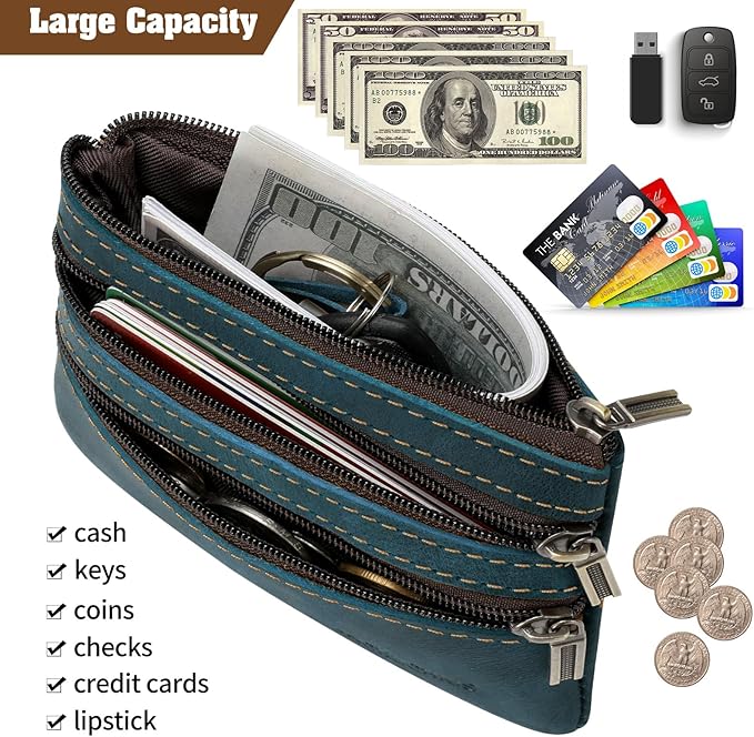 Jack&Chris Coin Purse Pouch for Men, Genuine Leather Coin Purse Zipper Pocket with Keychain Ring, Coin Bag for Men,JC301-Blue