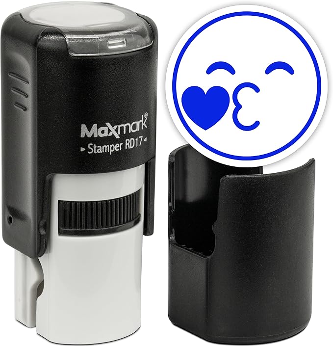 MaxMark Round Self Inking Emoji Stamp - Kiss - Blue Ink
