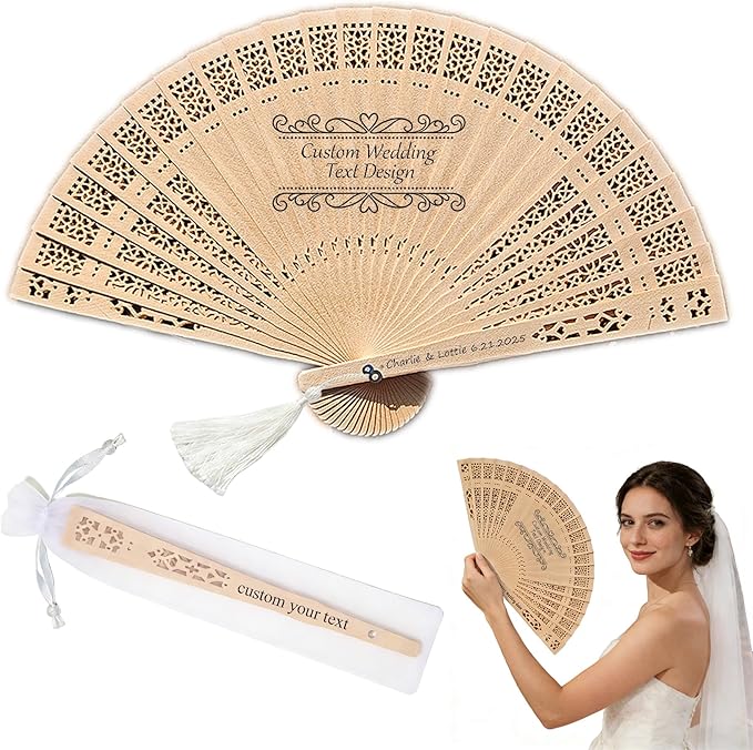 MOSADO Personalized Wedding Fans for Guests, Custom Foldable Sandalwood Fans Bulk with Organza Bags and Tassels, Unique Bridal Shower Party Favors Wedding Favors for Guests (50)