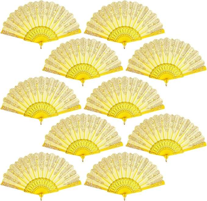 QIRMIZI 10 Pack Folding Handheld Fans,Silk Spanish Fan, Perfect for Weddings, Parties, and Dancing,Yellow