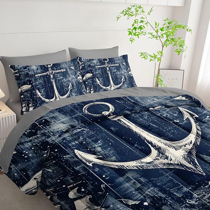 7Pcs Nautical Anchor Comforter Set Ocean Sailboat Printed Bedding Set with 1 Comforter, 1 Flat Sheet, 1 Fitted Sheet and 4 Pillowcases for Bedroom All Season(Anchor Twin)