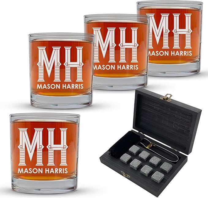 Froolu Personalized Scotch Whiskey Glasses Set - Premium Customizable Monogram Designs