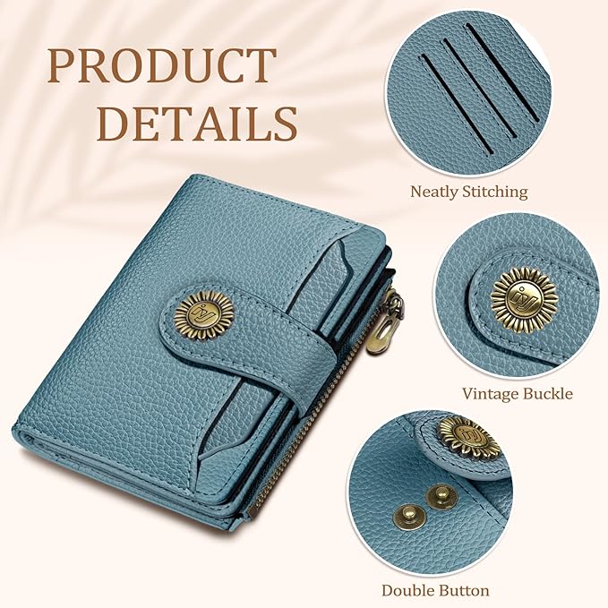 Blue Small Wallet Women RFID Blocking Bifold, Credit Card Holder, Zipper Coin Pocket, PU Leather, Compact, Travel, 4 ID Window, 14 Card Slots, Cash Purse, Ladies Woman Female Girls