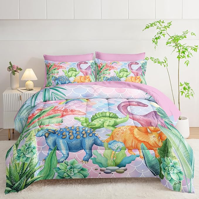 Pastel Dinosaur Comforter Set (7 Piece) - Mermaid Scale Kids Bedding, Pink Blue Purple Dinosaur Quilt Set for Boys Girls, All Season Microfiber Bed Set with Shams, Flat/Fitted Sheet (Twin)