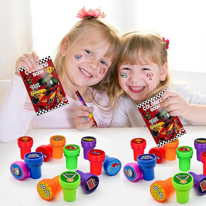 Cinrobiye 24 Pcs Race Car Stampers for Boys Girls, Racing Birthday Party Supplies Favors, Classroom Rewards, Carnival Prizes, Goodie Bag Pinata Fillers for Let’s Go Racing Checkered Flag Party
