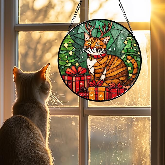 Stained Glass Window Hanging Orange Cat Elk Antler Large 11.8" - Suncatcher Door Garden Kitchen Sun Catcher Home Decor Birthday Gifts for Lost Pets Mom Men Woman Friend Grandma