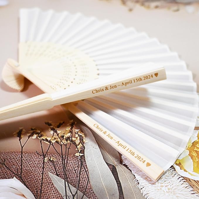 Personalized 80 Pack White Hand Fans, Custom Summer Wedding Fans for Guests, Silk Fabric Bamboo Folded Hand Fan Bridal Dancing Props Church Wedding Gift Party Baby Shower Favors