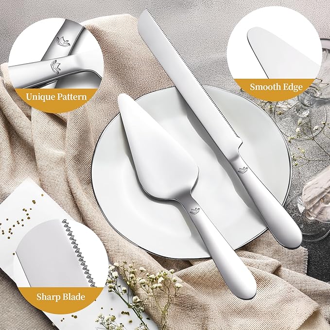 Cake Cutting Set for Wedding - Extended Cake Knife and Server Set Thickened Stainless Steel 13.0" Cake Cutter 10.49" Pie Spatula Great for Birthday Anniversary Christmas Gift 2 Pcs Silver