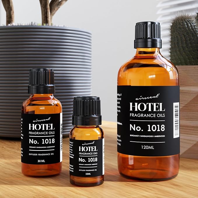 AirScent Hotel Diffuser Oil No. 1018 - Bergamot, Sandalwood Amberwood - Hotel Scent Dupe - Premium Fragrance Oil for Ultrasonic and Waterless Diffusers and Crafting - 120 ml, 4 fl oz Glass Bottle