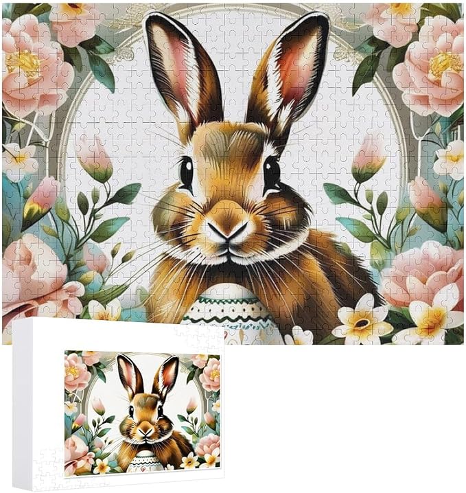 Wooden Puzzle - Easter Bunny with Flower Easter Egg Jigsaw Puzzles，Wooden Puzzles for Adults 500 Pieces Challenge Puzzles，Educational Games，Family Puzzles，Unique Gifts for Wall Art