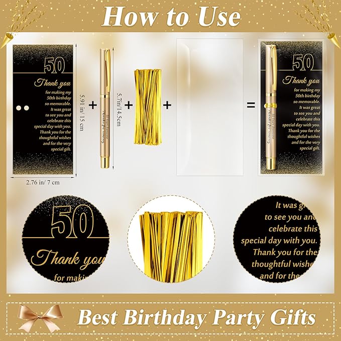 50 Set 50th Birthday Party Favor for Guest Anniversary Party Favor with Black and Gold Ballpoint Pens and Thank You Cards for Women Men Birthday Anniversary Appreciation Gifts