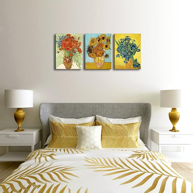Wieco Art 3 Panels Canvas Prints of Vincent Van Gogh Paintings Reproduction Red Poppies and Daisies Sunflower Irises in Vase Canvas Wall Art for Living Room Home Office Decor