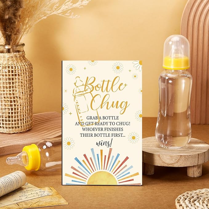 TrelaCo Cool Baby Shower Games Bottle Chug Sign and 12 Pcs Baby Bottle Shower Favor Bottles for Gender Reveal Games (Yellow, Here Comes the Son)