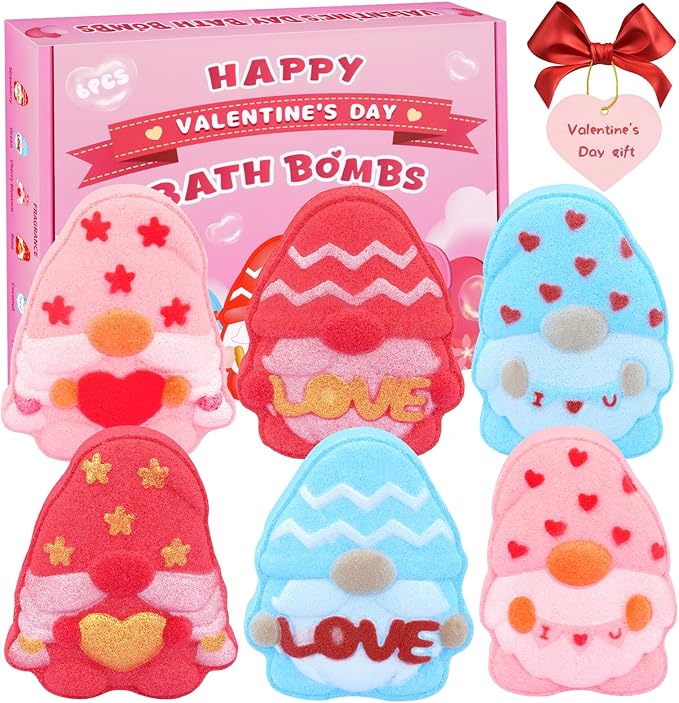 Valentines Bath Bombs for Women, 6PCS Valentines Gnomes Heart Bath Bombs Gift Set Essential Oil Bubble Bath，Body Relaxation Box for Her Wife Mom Friend, Stocking Stuffers