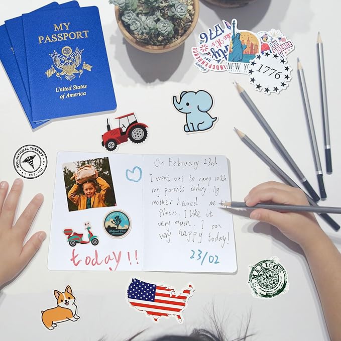 15 Pcs Fake Passport Book for Kids with 150 Non-Repeating Stickers (Including 3 Themes), Suitable for Party Favors, Scrapbooking, Arts and Crafts, School Supplies, Wall Stickers