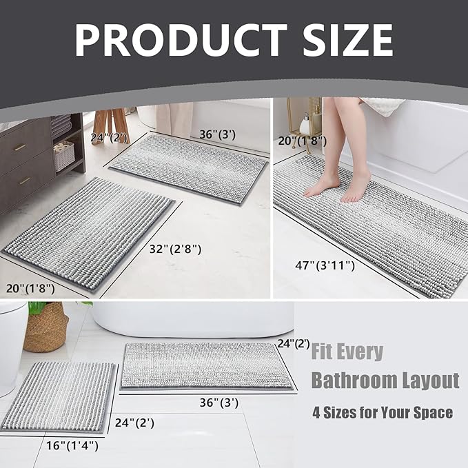 HDFK Bath Mat & Bathroom Rug - Slim Chenille Shower Carpet, Ultra Soft Non-Slip with Odorless Hot Melt Base, Machine Washable Medium-Height Striped Design for Bathtub Floor (36x24 Inch, Gray & White)