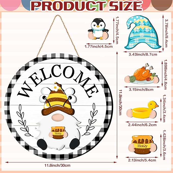 Seasonal Gnome Wall Decor Set, 11.8 inch Halloween Wooden Round Sign with Interchangeable Holiday Hats, Welcome Door Hanging (White-3)
