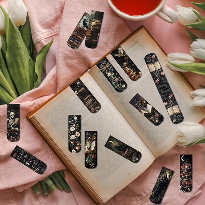 Dark Academia Magnetic Bookmark - 30 Pcs Gothic Flower Book Mark Magnets Retro Aesthetic Bookmarks Magnetic Skull Plants Dragonfly Book Markers Page Clip for Women Students Teacher Reading Gift