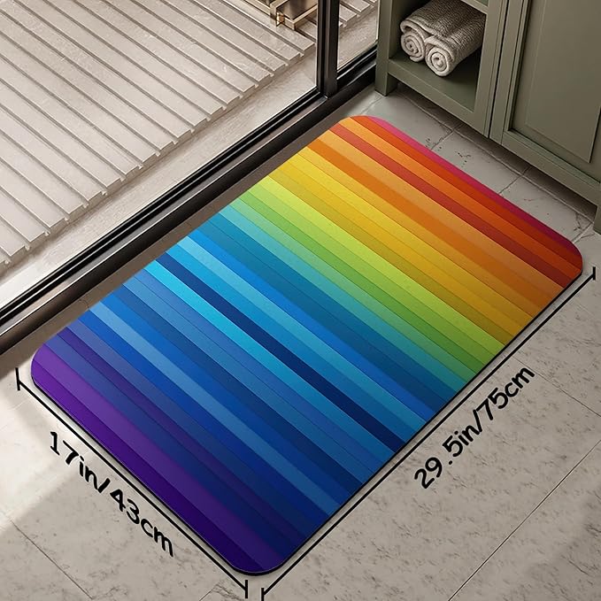 Bathroom Rug 29.5"x17", Abstract Rainbow Lines Bath Mat with Non-Slip Rubber Backing, Quick-Drying Absorbent Thin Floor Mat for Bathroom, Shower, Sink, or Kitchen