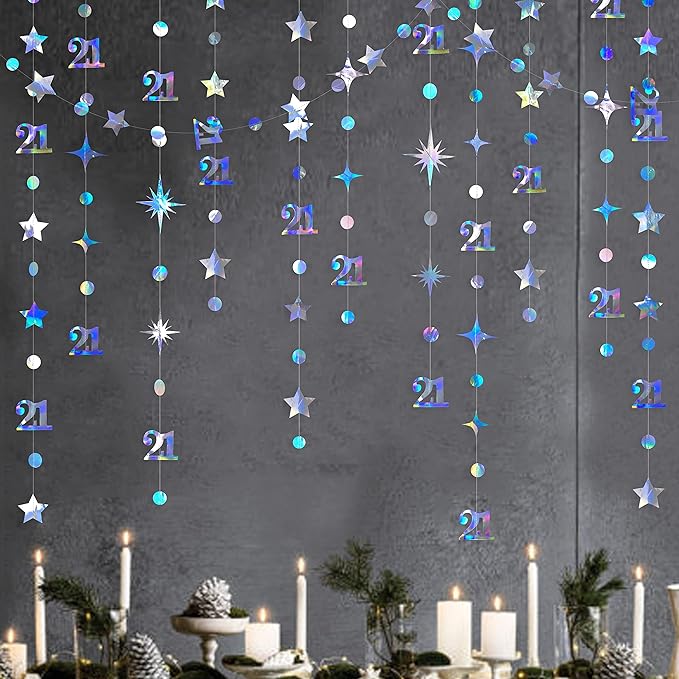 Iridescent Number 21 Circle Dot Twinkle Star Garland Metallic Holographic Hanging Streamer Bunting Banner Backdrop Decoration Girls 21st Birthday Finally Legal Twenty One Anniversary Party Supplies