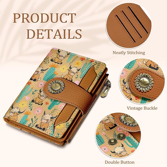 Highland Cow Small Wallet Women RFID Blocking Bifold, Cute Credit Card Holder, Zipper Coin Pocket, PU Leather, Compact, Travel, 4 ID Window, 14 Card Slots, Western, Cash Purse, Ladies Woman