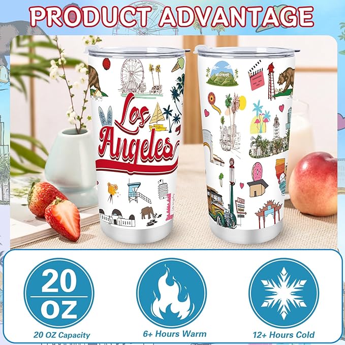 Keluna Los Angeles Souvenirs Gifts - 20Oz Stainless Steel Los Angeles Travel Mug with Lids Straw Brush Insulated, California City Travel Trip Birthday Christmas Mothers Day Gifts for Friend Family