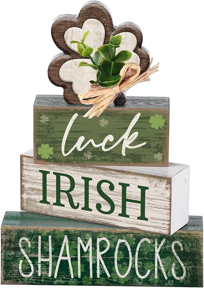 4 Pcs St. Patrick's Day Table Decorations Wooden Shamrocks Green Lucky St. Patrick Tiered Tray Decor Farmhouse Shamrock Blocks Signs Gifts Irish Themed Centerpiece Decorations for Home Decor