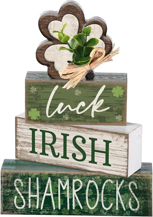4 Pcs St. Patrick's Day Table Decorations Wooden Shamrocks Green Lucky St. Patrick Tiered Tray Decor Farmhouse Shamrock Blocks Signs Gifts Irish Themed Centerpiece Decorations for Home Decor